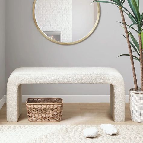 Ivy Bronx Boucle Waterfall Bench with wooden frame - Wayfair Canada Waterfall Bench, Modern Contemporary Home, Contemporary Bench, Waterfall Design, End Of Bed Bench, Bedroom Bench, Modern Bench, Boucle Fabric, Upholstered Bench