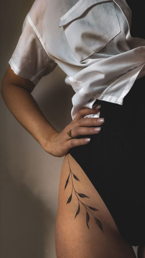 Hip Tattoo Leaves, Leaf Hip Tattoos Women, Hip Leaves Tattoo, Line Tattoo Hip, Leave Tattoo, Hip Tattoos For Girls, Tattoo On Hip, Empowering Tattoos, Frog Tattoo