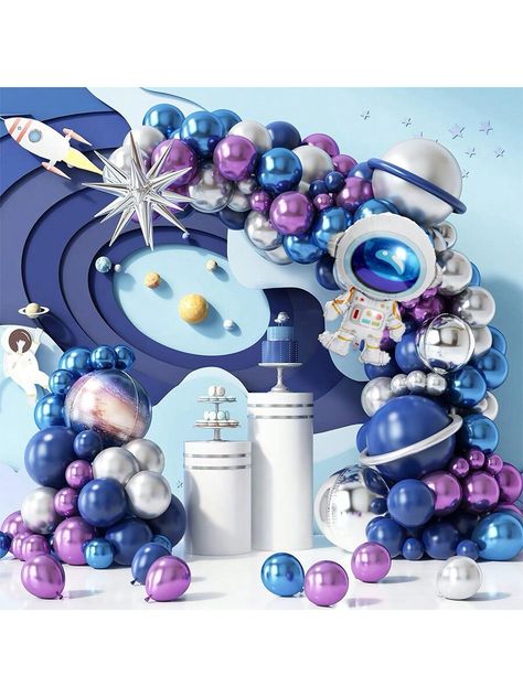 126pcs The Outer Space Galaxy Astronaut Balloon Garland Arch Kit Including 5/10/12/18/Inch Navy Blue Chrome Metallic Blue Purple Sliver Latex Balloons For First 1st Happy Birthday Party Decorations SuppliesI discovered amazing products on SHEIN.com, come check them out! Astronaut Balloon, Galaxy Astronaut, Astronaut Party, Blue Chrome, Garland Arch, Space Galaxy, Arch Kit, Metallic Blue, Balloon Garland