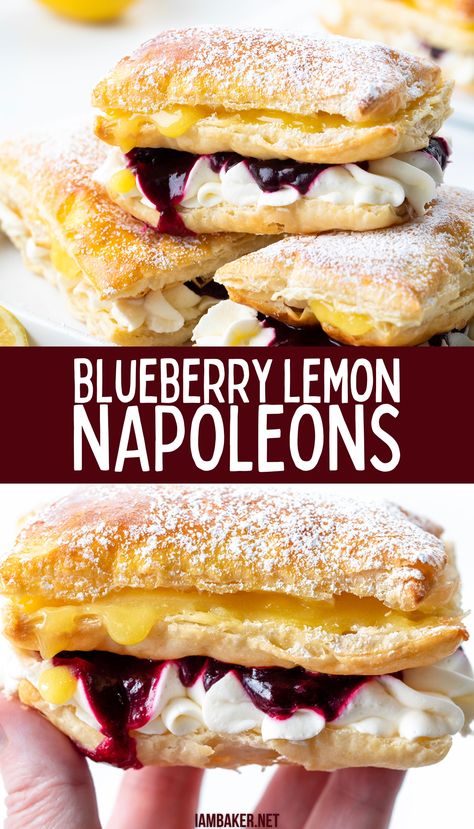 A hand holding a blueberry lemon napoleon, and a stack of napoleons. Puff Pastry Recipes For Easter, Desserts With Phyllo Pastry, Lemon Blueberry Pastry, Napolean Puff Pastry Recipe, Lemon Curd And Blueberry Desserts, Puff Pastry Napoleon Recipe, Bakery Pastry Recipes, Lemon Curd Puff Pastry Recipes, Puff Pastry Blueberry Recipes