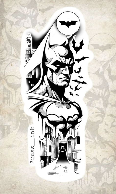 Dc Comics Tattoos Sleeve, Dc Comics Tattoos Ideas, Dc Comics Tattoos, Blackwork Tattoo Design Ideas, Batman Tattoo Design, Batman Tattoo Ideas, Batman Tattoos, Hellboy Tattoo, Pokemon Tattoos