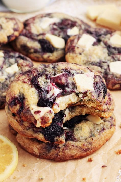 This might be the cookie recipe of the year! When I made these Lemon Blueberry Cookies, I immediately fell in love. I didn’t think I could ever love a cookie that doesn’t have dark chocolate in it this much! They have a soft chewy texture and bold buttery lemon flavour with swirls of sweet/tart blueberry and creamy morsels of white chocolate. Lemon Blueberry White Chocolate Cookies, Blueberry Chocolate Chip Cookies, Blueberry White Chocolate Chip Cookies, Best Flourless Chocolate Cake, Scientifically Sweet, Blueberry White Chocolate, Lemon Blueberry Cookies, Cookies With White Chocolate, Berry Cookies