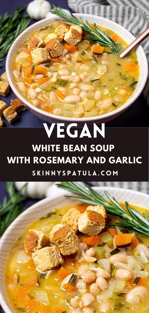 Garlic White Bean Soup, Rosemary White Bean Soup, White Bean Soup Vegan, Vegan White Bean Soup, Bean Soup Vegan, Soup With Rosemary, Lentil Potato Soup, Lebanese Lentil Soup, Lemon Rice Soup