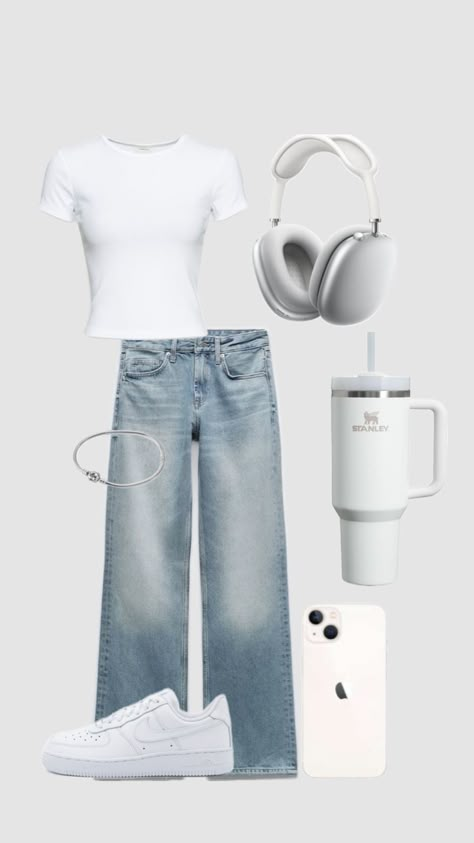 Clean Girl #white #outfit #cleangirl #itgirl Casual Preppy Outfits, Cute Lazy Day Outfits, Casual School Outfits, Lazy Day Outfits, White Outfit, School Fits, Pinterest Outfits, Cute Everyday Outfits, Clean Girl