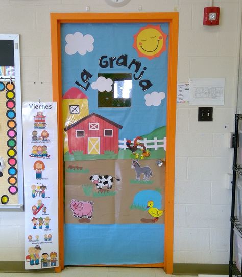 Classroom door for Farm animals theme. Farm Theme Door Decorations, Farm Classroom Theme Decor, Animal Classroom, Farm Classroom, Farm Classroom Theme, Kindergarten Decor, Kindergarten Report Cards, Farm Animals Activities, Purple Room