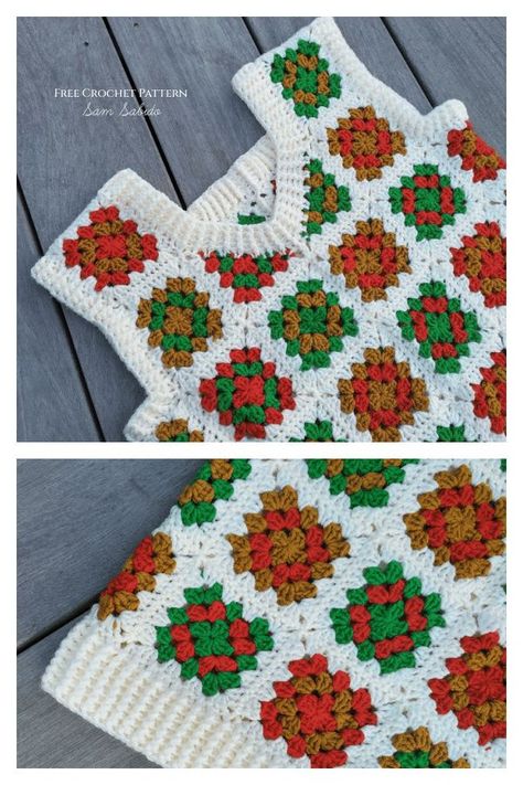 Granny Square Christmas Fun Times Vest Free Crochet Pattern Crochet Granny Square Vest Pattern Free Easy, Crochet Christmas Granny Square Sweater, Crochet Christmas Sweater Vest, Christmas Granny Square Crochet Pattern, Granny Square Jumper Pattern Free, Crochet Christmas Vest, Christmas Sweater Crochet Pattern, Crochet Christmas Granny Square, Christmas Granny Square Crochet