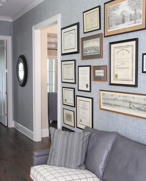 An assortment of diplomas, etchings and family documents make for a great gallery wall. Gallery Wall Diploma, Displaying Certificates On Wall, Home Office With Degrees On Wall, Gallery Wall With Diplomas, Office Achievement Wall, Home Office Degree Display, Diploma Decoration Ideas, How To Display Degrees At Home, Diploma Gallery Wall