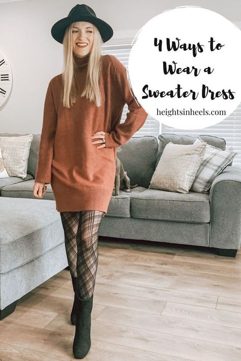 Ugly Sweater Brown Dress With Tights Outfit, Edgy Sweater Dress Outfit, Rust Sweater Dress Outfit, Sweater Mini Dress Outfit, Belted Dress Outfit Winter, Khaki Sweater Dress Outfit, Fall Sweater Dress With Boots, Brown Sweater Dress With Boots, Knee Length Sweater Dress Outfit