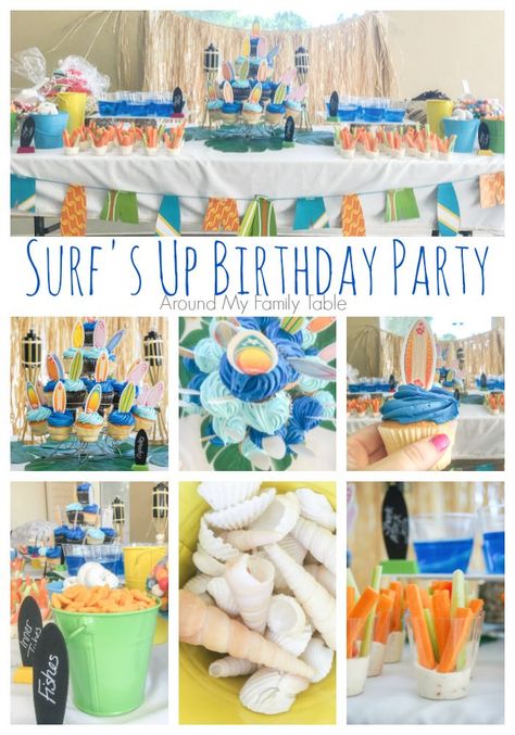 Surfs Up Party Food, 2nd Birthday Surf Theme, Surfer Party Food, Pool Party Table Set Up, Surf Birthday Party Food, Beach Theme Birthday Party For Kids, Beach First Birthday Party, Surfs Up Party, Surfs Up Birthday Party