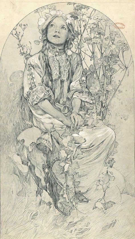 Alfons Maria Mucha, Art Nouveau Mucha, Illustration Art Nouveau, Alphonse Mucha Art, Mucha Art, Alfons Mucha, Art Nouveau Illustration, Art Nouveau Poster, Flowers In Her Hair