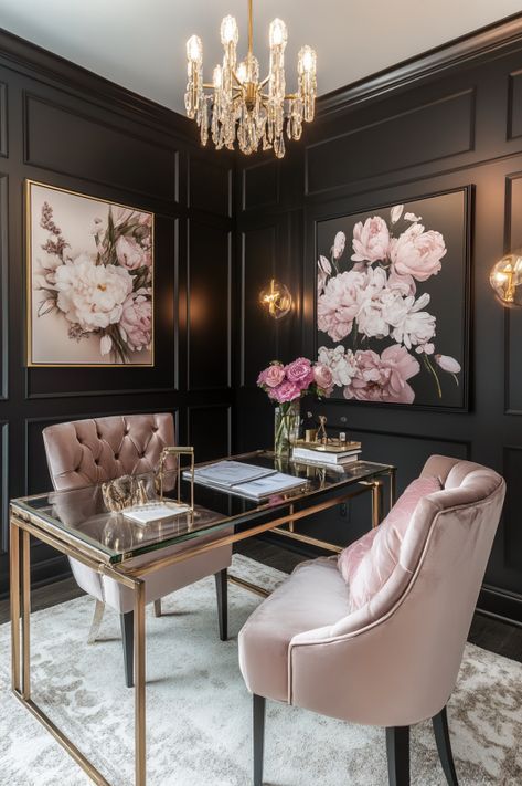 Dark Feminine Office Girl Boss Office Aesthetic, Feminine Industrial Office, Feminine Office Design, Feminine Office Decor Ideas, Dark Pink Office, Cozy Office Aesthetic, Dark Feminine Office, Pink Black Office, Home Office Ideas Dark