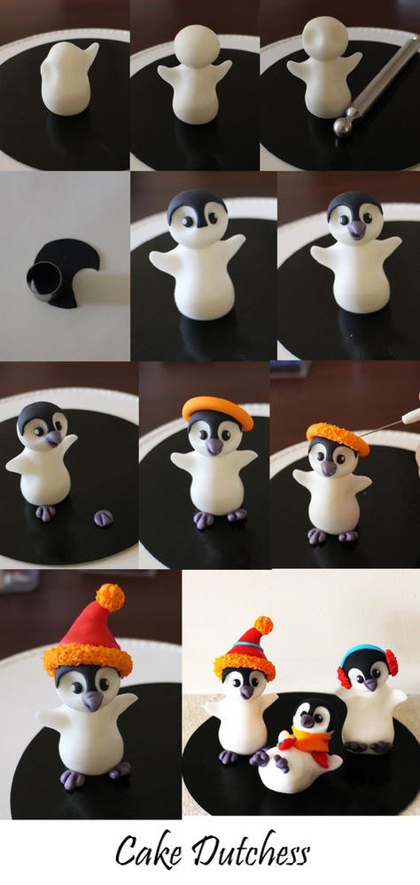 Penguin Tutorial - Cake Central Community Cake Dutchess, Jul Kaka, Penguin Cakes, Fondant Animals, Tanah Liat, Fondant Tutorial, Christmas Clay, Polymer Clay Christmas, Fondant Decorations