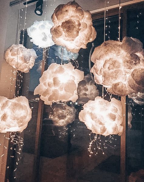 Cloud With Fairy Lights, Clouds For Bedroom Ceiling, Heaven On Earth Prom Theme, Sky Theme Party Decoration, Dragon Room Aesthetic, Clouds Aesthetic Decor, Dreamy Decor Party, Astronomy Room Ideas, Cloud Wedding Decor