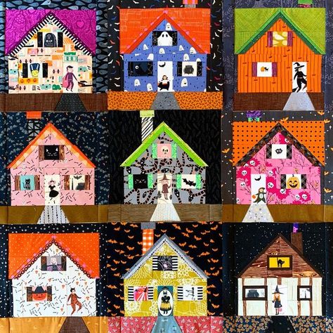 Kate Basti on Instagram: "September in the ‘burbs. 🖤 Spooky Village has grown quite a bit! Here are nine of the ten houses I have completed. Not sure how many I�’ll make total, but they’re so fun to create, I’d be happy to never stop. ☺️ Have a fantastic weekend, friends! 🍂🍁 #kateshalloweenhousequilt #homefortheholidaysblock #quiltwithkate #fpp #foundationpaperpiecing #textileart #janomemakes #olisoconnects" Spooky Village, Fall Sewing Projects, Unique Cross Stitch, Halloween Quilt, Fall Sewing, Cute Quilts, House Quilts, Fall Quilts, Halloween Quilts