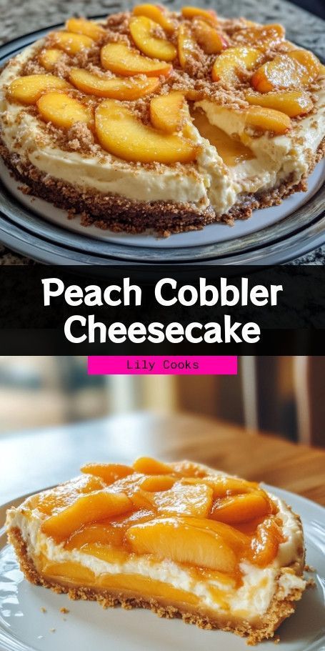 Indulge in Peach Cobbler Cheesecake Fusion – a luscious blend of creamy cheesecake and warm peach cobbler that will tantalize your taste buds. Perfect for any gathering, this dessert is sure to impress! Satisfy your sweet cravings with this easy recipe featuring digestive biscuits, cream cheese, and juicy peach slices, topped with a rich syrup. This delectable treat is perfect for fall gatherings or any special occasion. ..... Stuffed Cones, Unique Cheesecake Recipes, Peach Cobbler Cheesecake Recipe, Unique Cheesecake, Peach Cobbler Cheesecake, Cheesecake Delight, Easy Impressive Dessert, Caramelized Peaches, Pumpkin Swirl Cheesecake