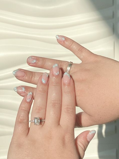 Luxe nails, Grand Rapids, MI Dainty floral blue nails Bridal Blue Nails, Something Blue Bridal Nails, Wedding Nails For Bride Dusty Blue, Light Blue Bridal Nails, Something Blue Wedding Nails, Bridal Nails Blue, Light Blue Flower Nails, Blue Wedding Nails For Bride, Something Blue Nails