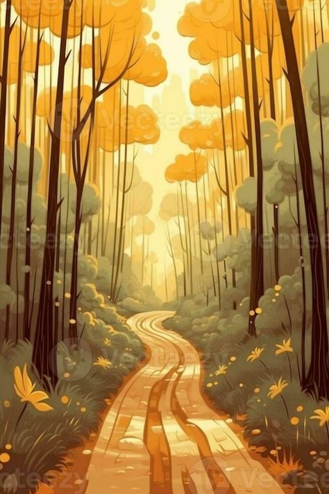 AI Generative Beautiful sunny autumn landscape with fallen dry red leaves road through the forest and yellow trees Autumn Forest Drawing, Fallen Tree Drawing, Forest Illustration Trees, Autumn Landscape Drawing, Autumn Forest Illustration, Picnic Quotes, Autumn Sketches, Yellow Moodboard, Baby Bison