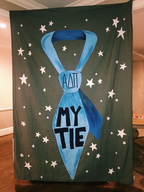 Sorority banner, my tie, adpi, stars, tie, sorority event, banner chair My Tie Sorority Banner, My Tie Banner Sorority, My Tie Date Party Sorority, Sorority Semi Formal Themes, My Tie Sorority Party, Semi Formal Themes, Sorority Banner Ideas, Sorority Row, Sorority Party