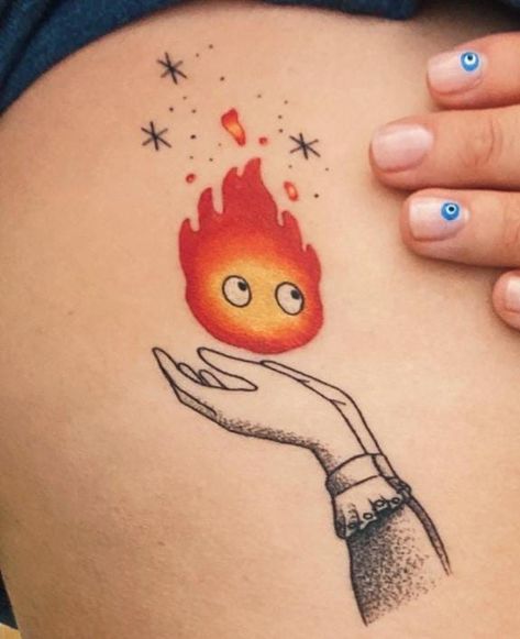 Fire Princess Tattoo, Calcifer Art, Calcifer Tattoo, Tattoo Planning, Ghibli Tattoo, Sticker Tattoo, Princess Tattoo, Tattoo Trend, Body Accessories