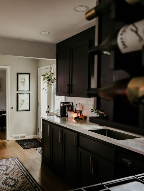 Black Kitchen Cabinets All Black Kitchen Appliances, Black Cabinet Rv, Kitchen Decor Black Appliances, White Countertops Black Cabinets, Black Cabinets Small Kitchen, Kitchen Cabinets Black, Tiny Black Kitchen, Black Cabinets Kitchen, Black Kitchen Aesthetic