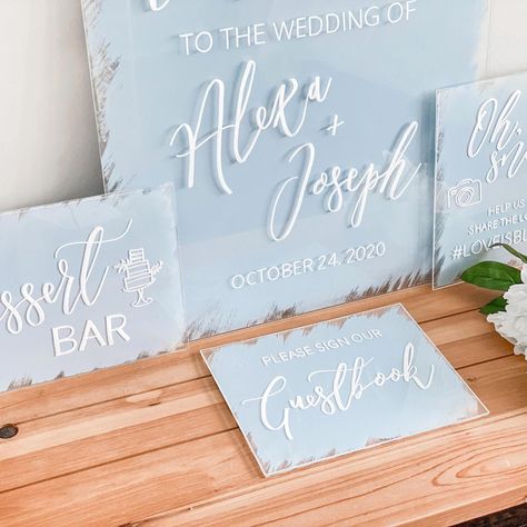 Create your acrylic sign bundle with all the wedding signage necessities! These signs are elegantly hand-lettered and hand painted by me! PACKAGE #1: (1) Seating Chart - 24X36" (1) Welcome Sign - 18X24" OR PACKAGE #2: (1) Welcome Sign - 18" x 24" (3) Signs of CHOICE - 8X10" (Cards & Gifts, Hashtag, Guestbook, etc) OR PACKAGE #3: (1) Seating Chart - 18"x24" (3) Welcome Sign - 18x24"  (1) 8x10" of CHOICE (Cards & Gifts, Hashtag, Guestbook, etc) (1) 11x14" of CHOICE (BAR sign, menu sign, etc) Send Acrylic Welcome Sign, Acrylic Wedding Sign, Cricut Wedding, Wedding Signs Diy, Wedding Entrance, Dusty Blue Weddings, Acrylic Wedding, Wedding Calligraphy, Wedding Crafts