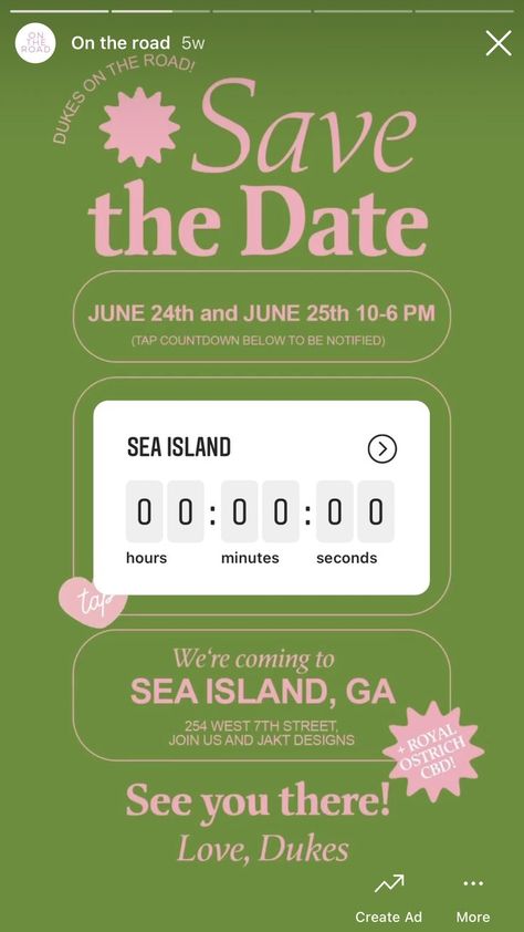 event: "on the road" "save the date" philanthropy pink green pastel summer spring colors aesthetic instagram graphic countdown heart graphic design see you there sea island georgia Poster Layout Design, Green Typography, Layout Editorial, Southern Fashion, Typography Love, Create Ads, 카드 디자인, Social Media Design Inspiration, Poster Layout