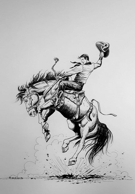 Realistic Cowboy Tattoo, Cowboy Art Tattoo, Bucking Bronc Tattoo, Saddle Bronc Tattoo, Cowboy And Horse Drawing, Bucking Horse Drawing, Cowboy On Horse Drawing, Cowboy Horse Tattoo, Cowboy On Horse Tattoo