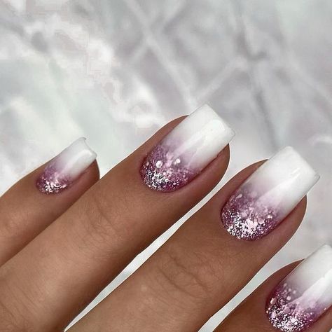 December Ombre Nails, Anniversary Nails Ideas Short, White Glitter Ombre Nails, Milky Nails With Glitter, Anniversary Nails Ideas, Cute December Nails, Pretty French Nails, French Manicure With Glitter, Sparkly Ombre Nails