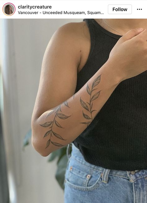 Vine Arm Tattoos For Women Forearm, Rap Around Leaf Tattoo, Vining Plant Arm Tattoo, Womens Upper Leg Tattoo, Leave Around Arm Tattoo, Greenery Arm Tattoos For Women, Leave Wrap Around Arm Tattoo, Leaves Going Up Arm Tattoo, Rap Around Flower Tattoo