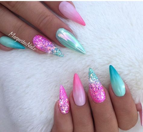 Pretty colors but I would pass on the shape Unicorn Nails, Colorful Nails, Mermaid Nails, Nail Art Ombre, Super Nails, Glitter Nail Art, Nail Designs Summer, Nail Shapes, Chrome Nails