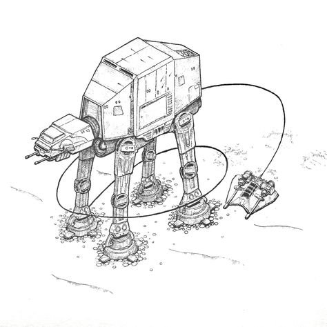 A pen and ink illustration of a snowspeeder and A T A T from starwars episode 5, Empire Strikes Back in isometric view. At At Star Wars Drawing, Atat Star Wars Drawing, Storm Trooper Sketch, Star Wars Drawings Colored Pencil, Star Wars Rebels Coloring Pages, Starwars Black And White Art, Star Wars Art Drawings, Drawing Stars, Star Wars Painting