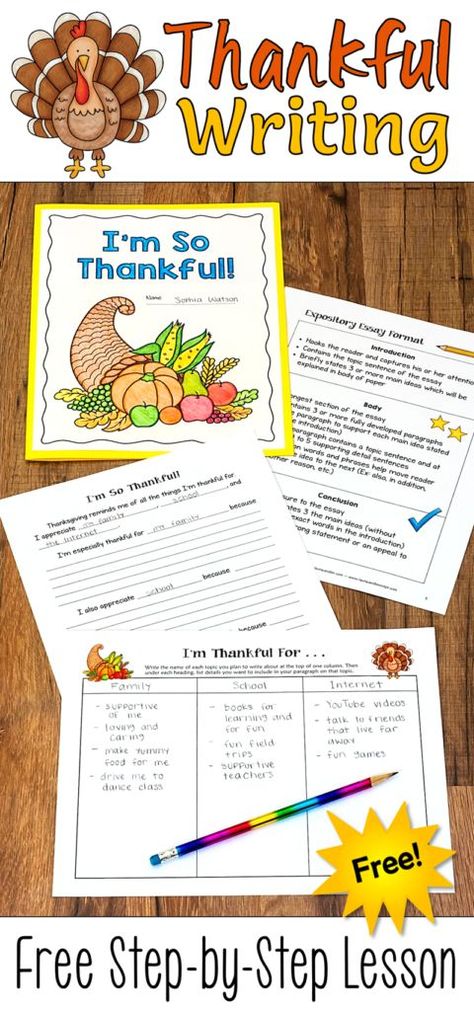 Thankful Writing is a free Thanksgiving writing activity from Laura Candler that's a step-by-step expository writing lesson and a craftivity all in one! The final project is sent home with students to be shared with their families on Thanksgiving day, and it's sure to be a memorable keepsake! Thankful Writing, 5 Paragraph Essay, Thanksgiving Writing Activity, Christian Thanksgiving, Thanksgiving Lessons, Writing Craftivity, Thanksgiving Writing, Writing Lesson Plans, Expository Writing