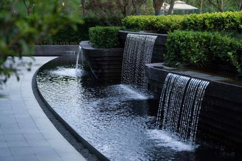 Cascading Water Feature, Waterscape Design, Water Wall Fountain, Water Fountain Design, Hotel Landscape, Kolam Koi, Taman Air, Water Feature Wall, Outdoor Water Features