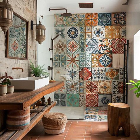 3+ Top Modern Shower Tile Designs to Create Your Dream Bathroom • 333+ Images • [ArtFacade] Bathroom Ideas All Tiled, Mexican Bathroom Ideas Spanish Style Master Bath, Boho Shower Tile, Deco Tile Bathroom, Brazilian Bathroom, Mexican Style Bathroom Ideas, Shower Room Tiles, Pattern Tile Bathroom, Spanish Bathroom Hacienda Style