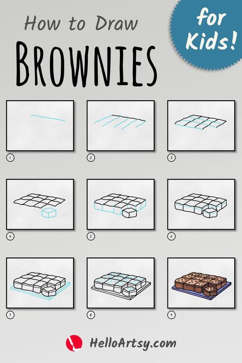 Step by step drawings demonstrating  How to Draw Brownies Drawing Lessons For Kids, Drawing Guide, Easy Drawings Sketches, Guided Drawing, Learn How To Draw, Food Drawing, Drawing Lessons, Art Drawings Sketches Simple, Drawing Challenge