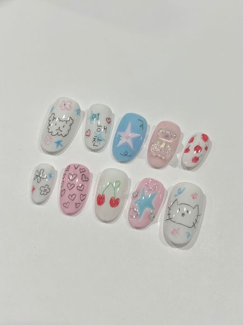 xiaohongshu nails, nct nails, kpop inspired nails, nail inspo, nail art inspo, teddy bear nail charm, star nails, cat n dog nails, cutesy nails, cherry nails Nail Art Nct, Nct Dream Nails, Nct Inspired Nails, Sanrio Nail Art Short, Short Nails With Planet Charm, Nct Nails Designs, Twin Stars Nails, Nct Nails, Kpop Nails Ideas