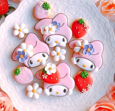 My Melody Cookies, Sanrio Cookies, Iced Christmas Cookies, Sanrio Birthday, Sanrio Food, Kitty Cookies, Hello Kitty Cookies, Japanese Desserts, Hello Kitty Birthday Party