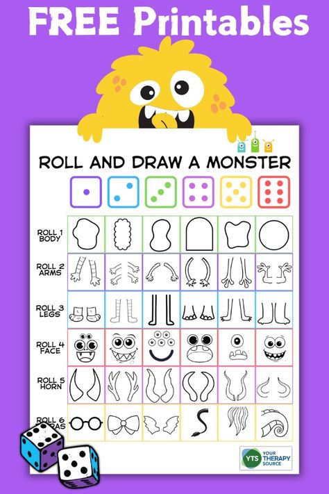 Free Roll a Monster Printable - Your Therapy Source Roll A Face Dice Game, Roll A Monster Free Printable, Make Your Own Monster Free Printable, Roll A Monster Dice Game, Build A Monster Free Printable, Dice Monster, Roll A Monster, Roll The Dice Game, Emotion Color Wheel