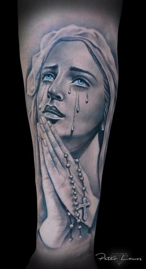 Mother Mary Tattoo Design, Virgin Mary Tattoo Sleeve, Weeping Mary Tattoo, Mother Mary With Rosary Tattoo, Virgin Mary Hand Tattoo, Virgin Mary With Rosary Tattoo, Weeping Virgin Mary Tattoo, Crying Virgin Mary Tat, Realism Virgin Mary Tattoo