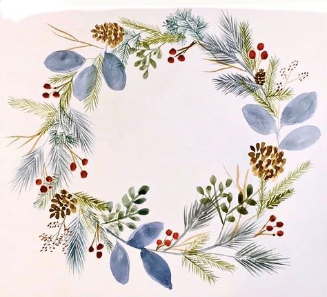 Winter Floral Drawing, Christmas Floral Drawings, Blue Christmas Painting, Winter Wreath Watercolor, Christmas Wreaths Watercolor, Christmas Watercolor Wreath, Christmas Flowers Illustration, Christmas Watercolor Paintings Cards, Watercolour Christmas Wreath