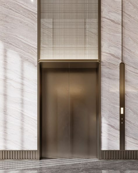 Lobby Design Residential, Lift Lobby Design, Elevator Lobby Design, Lobby Designs, Residential Lobby, Lift Lobby, Lobby Ideas, Elevator Interior, Hotel Corridor