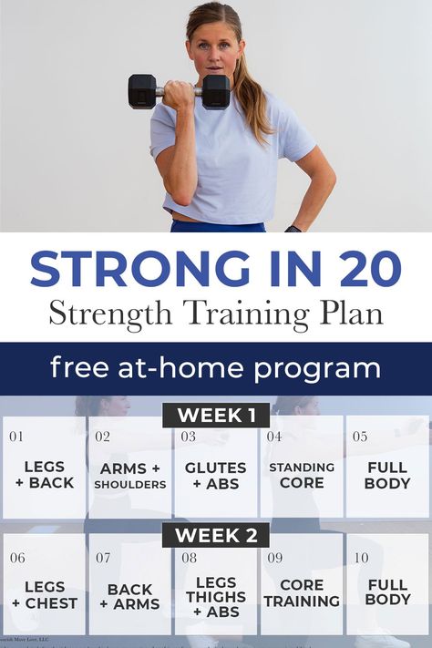 Build strength for your real life with STRONG20: a free 2-Week Functional Strength Training Program for all fitness levels. This is an all strength program designed to help you move better and feel stronger. Welcome to Strong20: a FREE, full body workout plan with 10 NEW workout videos. All you need is a set of dumbbells and 20 minutes a day. This is an all strength program designed to help you move better and feel stronger. All you need is a set of dumbbells and 20 minutes a day. 15 Minute Strength Training Workout, Free Strength Training Program, Beginners Strength Training, 4 Day Strength Training Plan, 5 Day Strength Training Workout, Strength Training Program Women Over 40, 20 Minute Strength Workout, Functional Strength Workout, Strength Training For Women In Their 40s