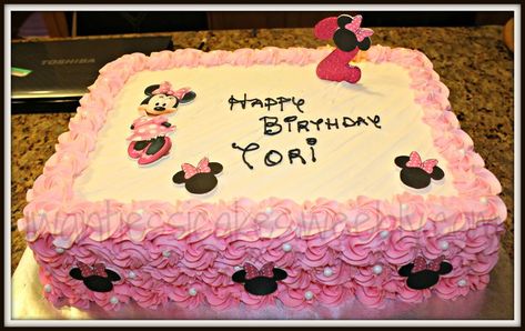 minnie mouse sheet cake | Minnie mouse sheet cake with ombre rosette’s around the side. simple ... Minnie Mouse Sheet Cake, Mouse Cookies, Mickey Mouse Cookies, Minnie Mouse Birthday Cakes, Mickey Cakes, Bolo Minnie, Minnie Mouse 1st Birthday, Minnie Birthday Party, Minnie Cake