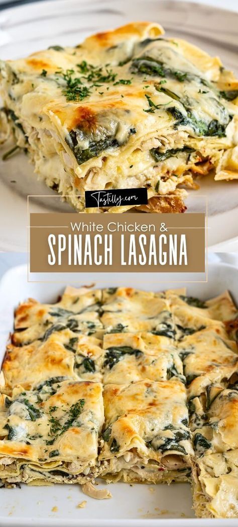 Effortless White Chicken & Spinach Lasagna - Tastilly Chicken Florentine Lasagna, Chicken And Spinach Lasagna, Sauces For Pasta, Lasagna Spinach, Lasagna With Spinach, White Sauce Lasagna, Chicken Spinach Lasagna, Chicken Lasagne, White Chicken Lasagna