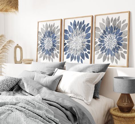 Gray Blue Bedroom, Bedroom Flower Decor, Blue Flower Wall, Flower Dahlia, Blue Gray Bedroom, Petal Art, Floral Bedroom, Gray Flower, Bathroom Artwork