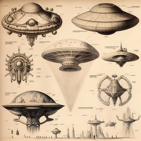 Drawings of flying saucers from an old book Flying Saucer Drawing, Ufo Drawing, Spaceship Drawing, Ancient Egyptian Artifacts, Steampunk Furniture, Stargate Universe, Field Journal, Alien Ship, Flying Saucers