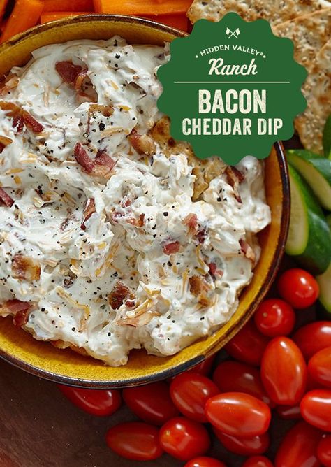 Everything tastes better with bacon. Given Hidden Valley's Bacon and Cheddar Dip recipe a try. Bacon Ranch Dip Hidden Valley, Bacon Cheese Dip, Bacon Cheddar Dip, Cheddar Dip, Ranch Recipes, Easy Bacon, Dips And Appetizers, Ranch Dip, Snack Dip