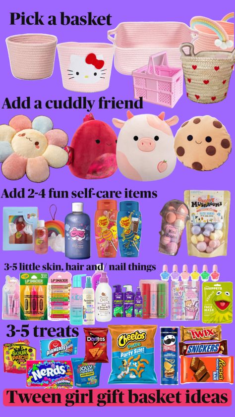 Make a gift basket for girls age 8-13 thats completely age appropiate and sure to be a big hit! Trio Sleepover, Sleepover Halloween, Make A Gift Basket, Making A Gift Basket, Birthday Sleepover Ideas, Birthday Sleepover, A Gift Basket, Sleepover Ideas, Bff Gifts