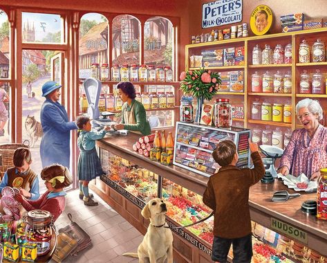 Old Fashioned Sweet Shop, Old Sweets, Christmas Toy Shop, Old Candy, Nostalgic Images, Shop Illustration, Vintage Candy, 1000 Piece Jigsaw Puzzles, Candy Store