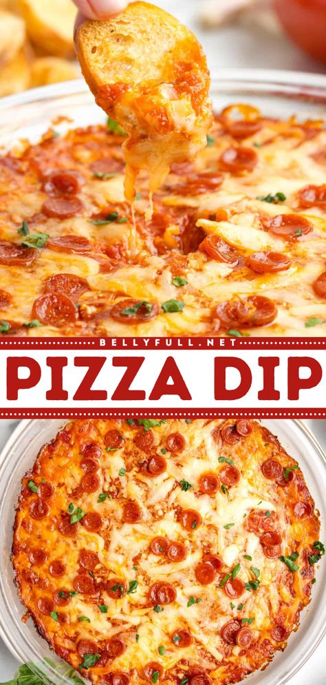 Need something to spice up those game day snacks on your Super Bowl menu? Try out this 5 ingredient pizza dip recipe! It's a hot pizza dip with cream cheese, mozzarella, parm, pizza sauce, and pepperoni. Save this recipe for some easy football food! Four Dips With Pizza Dough Balls, Pizza Dip With Cream Cheese, Easy Pizza Dip, Super Bowl Dips, Pizza Dip Recipes, Dip With Cream Cheese, Super Bowl Menu, Superbowl Desserts, Tailgating Food